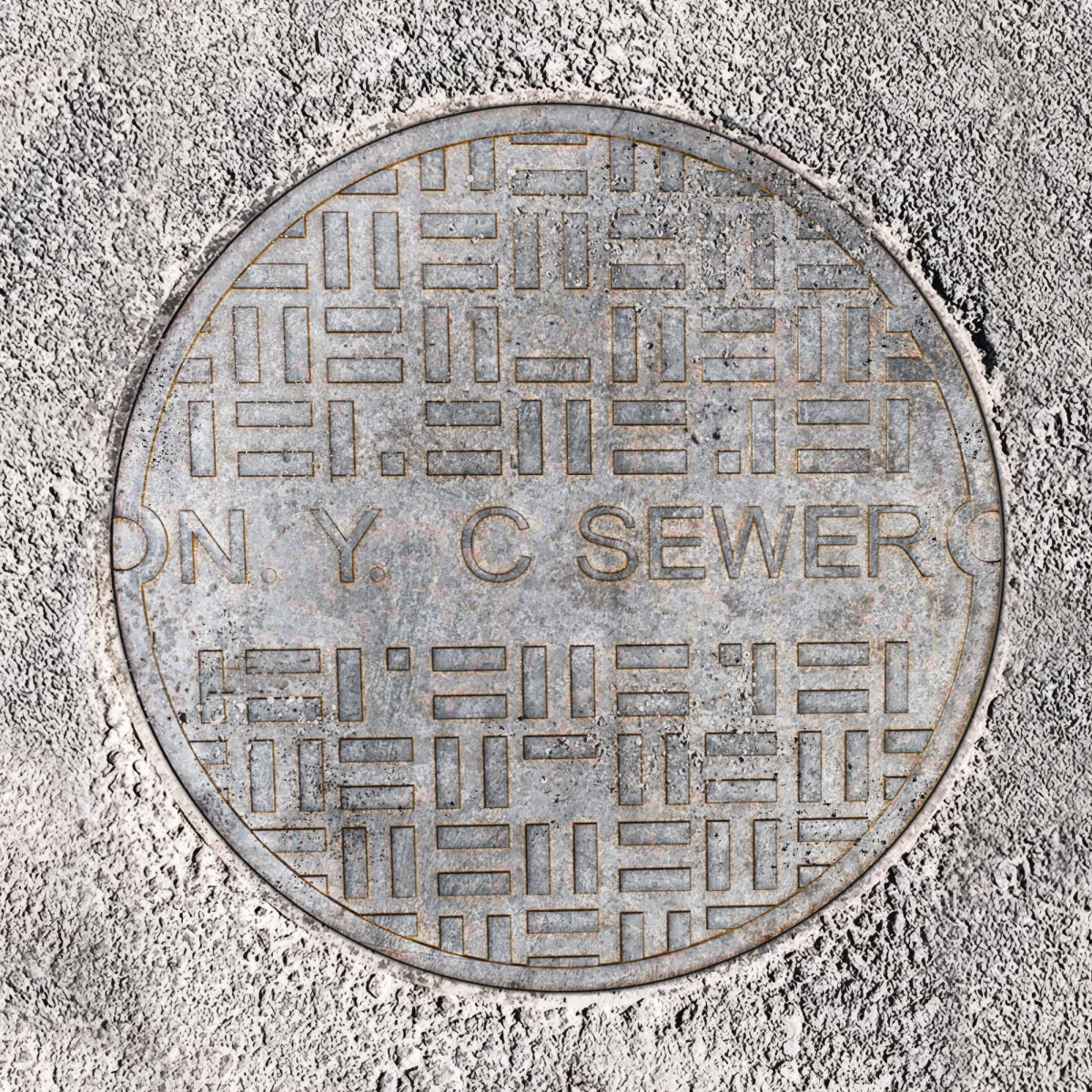 Канализационный люк из прочного чугуна, украшенный рельефным геометрическим узором, с надписью, указывающей на принадлежность к системе водоотведения Люк с рельефным рисунком и маркировкой канализационной системы