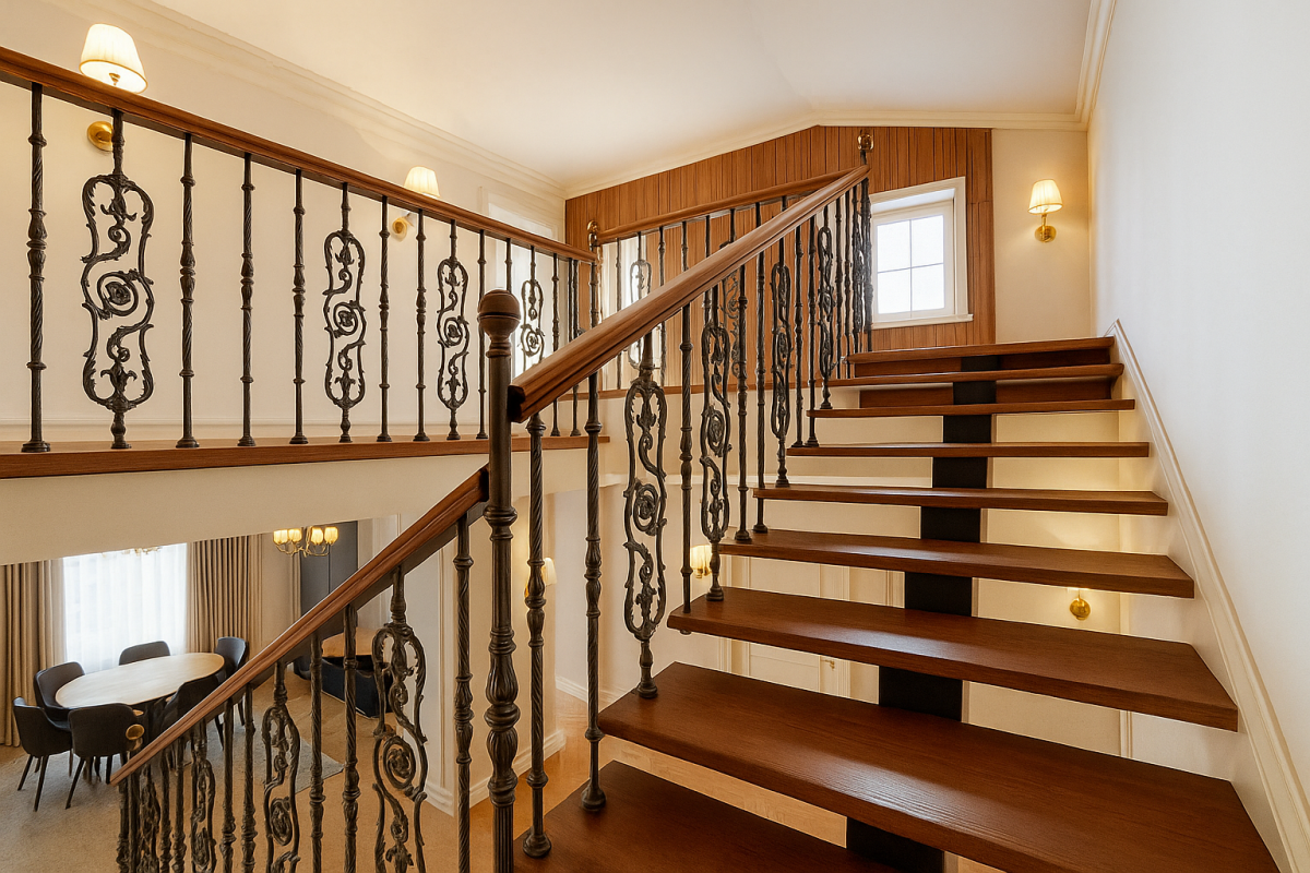 Прочное и стильное ограждение лестничного марша: чугунные балясины с орнаментом и деревянный поручень в изысканном исполнении Чугунное ограждение маршевой лестницы чередованием тонких и широких балясин
