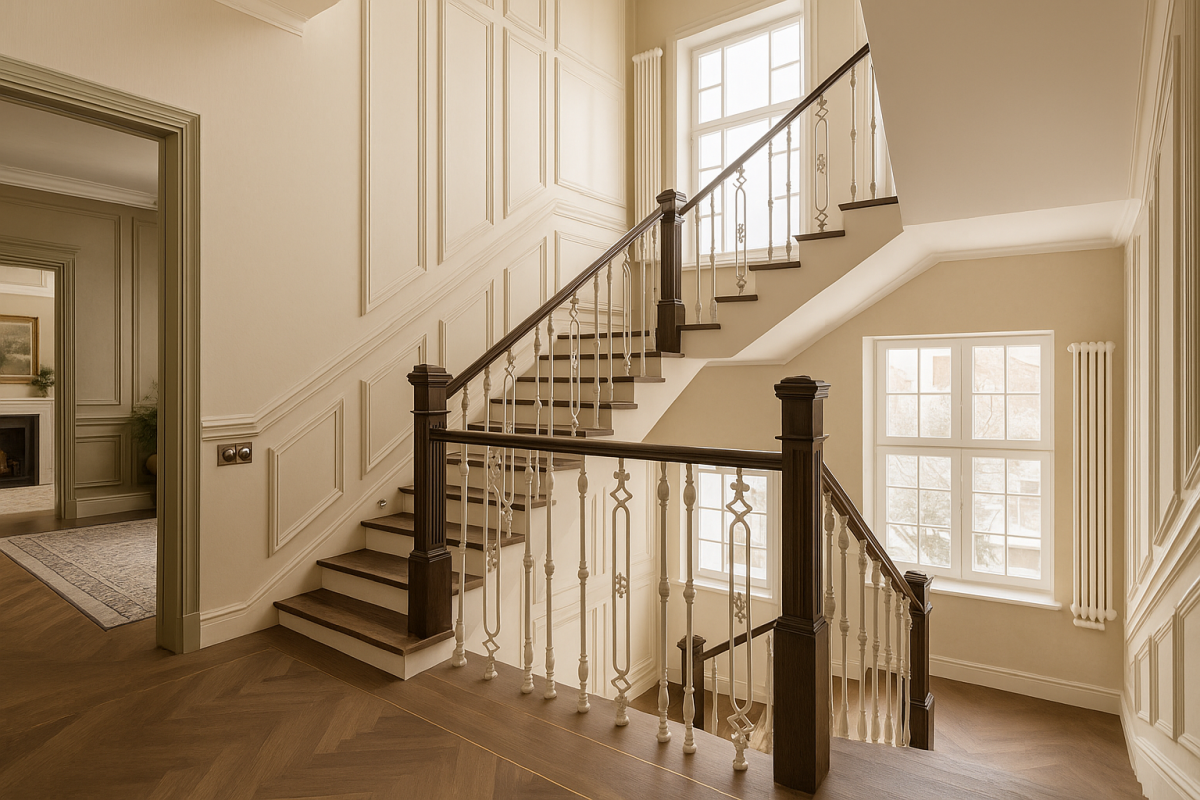 Лестничное ограждение из чугуна с изящными белыми балясинами Чугунное ограждение с декоративными белыми балясинами
