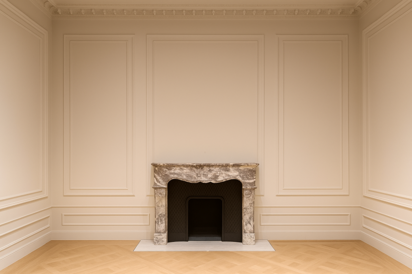Портал камина из чугуна, обрамляющий топку